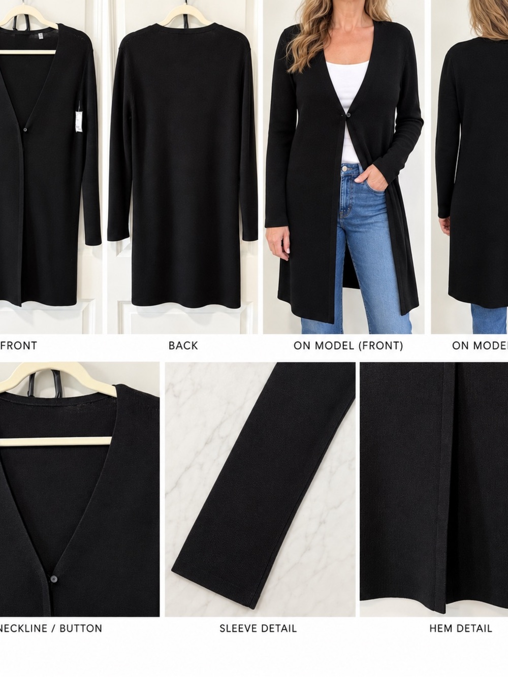 Black Long V-Neck Button Front Women's Cardigan Duster